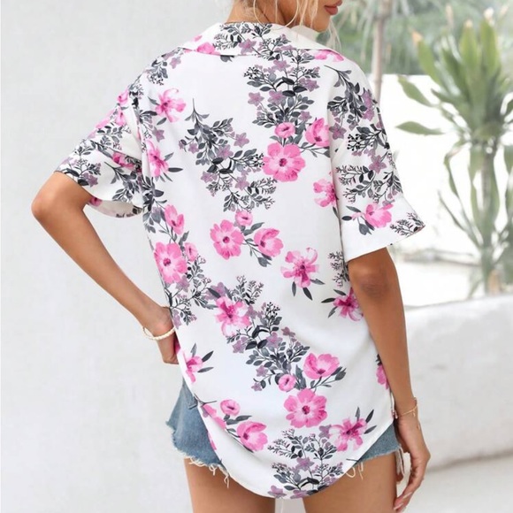 Boho floral print button up flounce sleeve blouse - Picture 3 of 5